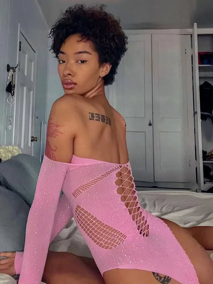 Pink Lace Off-Shoulder Bodysuit Top – Sexy Hollow Out Mesh Sheer Nightclub Lingerie