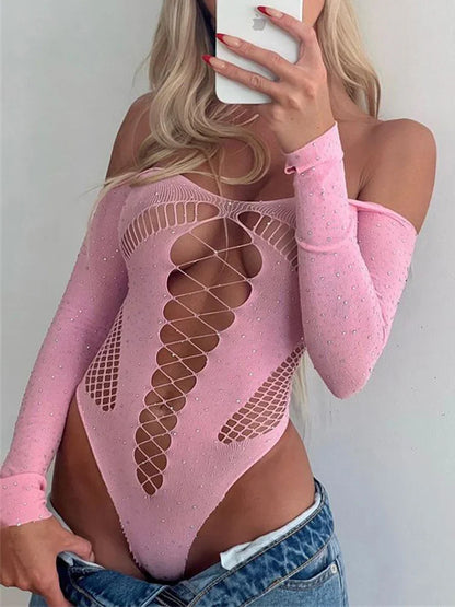 Pink Lace Off-Shoulder Bodysuit Top – Sexy Hollow Out Mesh Sheer Nightclub Lingerie