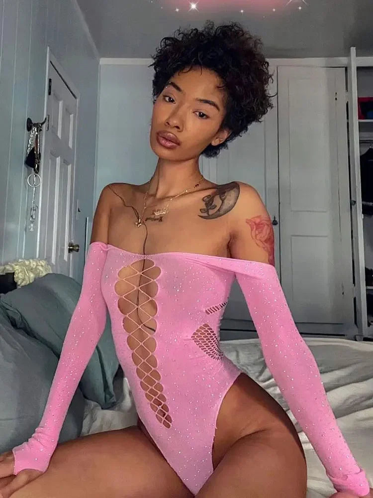Pink Lace Off-Shoulder Bodysuit Top – Sexy Hollow Out Mesh Sheer Nightclub Lingerie