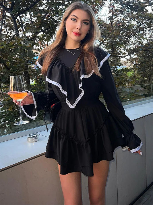 Ruffled Patchwork Women’s Mini Dress – Elegant Long Sleeve Party Dress