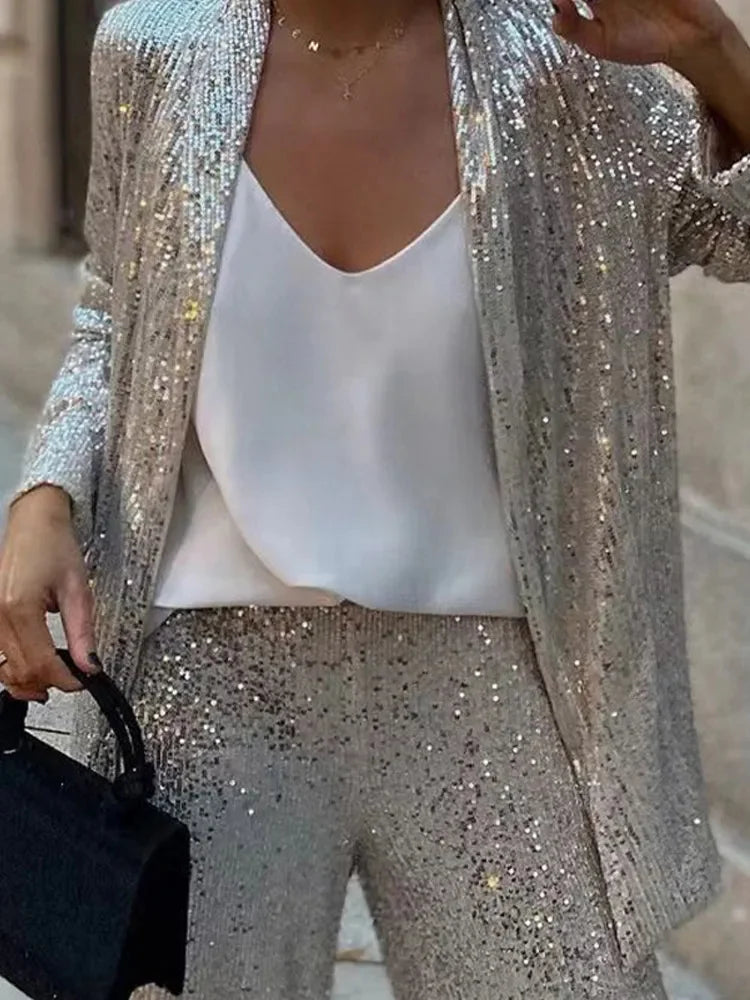 Sequin Fashion 2 Piece-Set Women Straight Leg Slim Glitter Patchwork Suit Outwear and Pants Sets