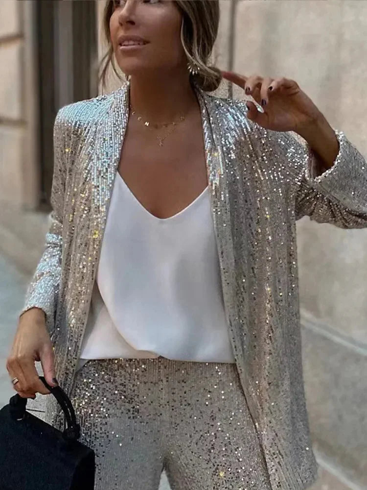Sequin Fashion 2 Piece-Set Women Straight Leg Slim Glitter Patchwork Suit Outwear and Pants Sets