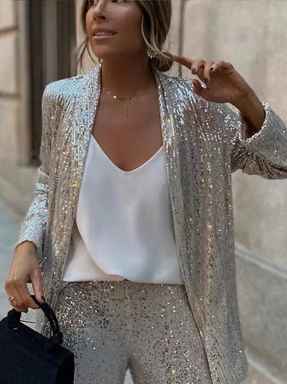 Sequin Fashion 2 Piece-Set Women Straight Leg Slim Glitter Patchwork Suit Outwear and Pants Sets