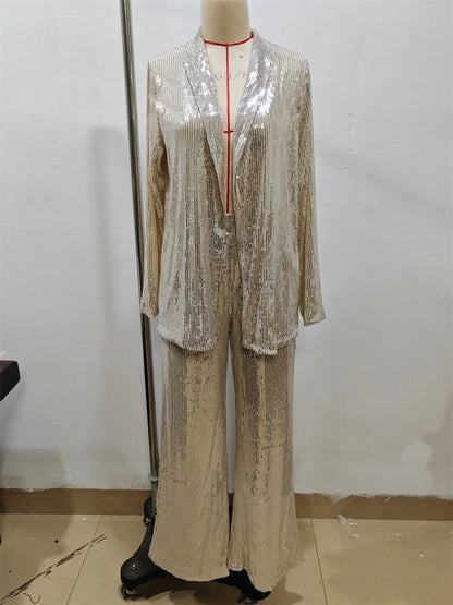 Sequin Fashion 2 Piece-Set Women Straight Leg Slim Glitter Patchwork Suit Outwear and Pants Sets
