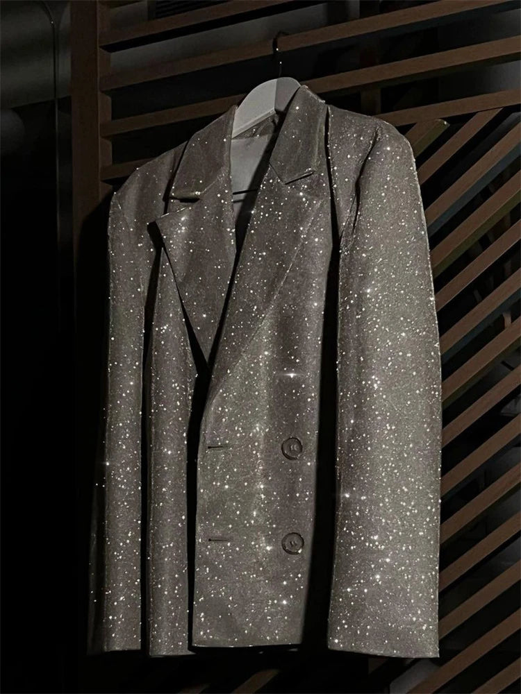 Sparkly Blazers For Women Oversized Loose Sliver Black Gliiter Casual Jackets Blazer Set Pink Coat Women Party Outfits