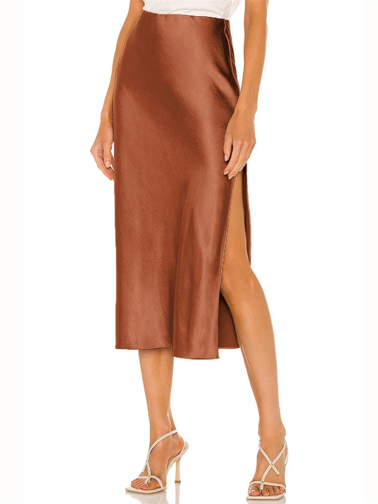 Summer High Waist Satin Midi Skirt with Side Split – Elegant Streetwear Fashion for Women