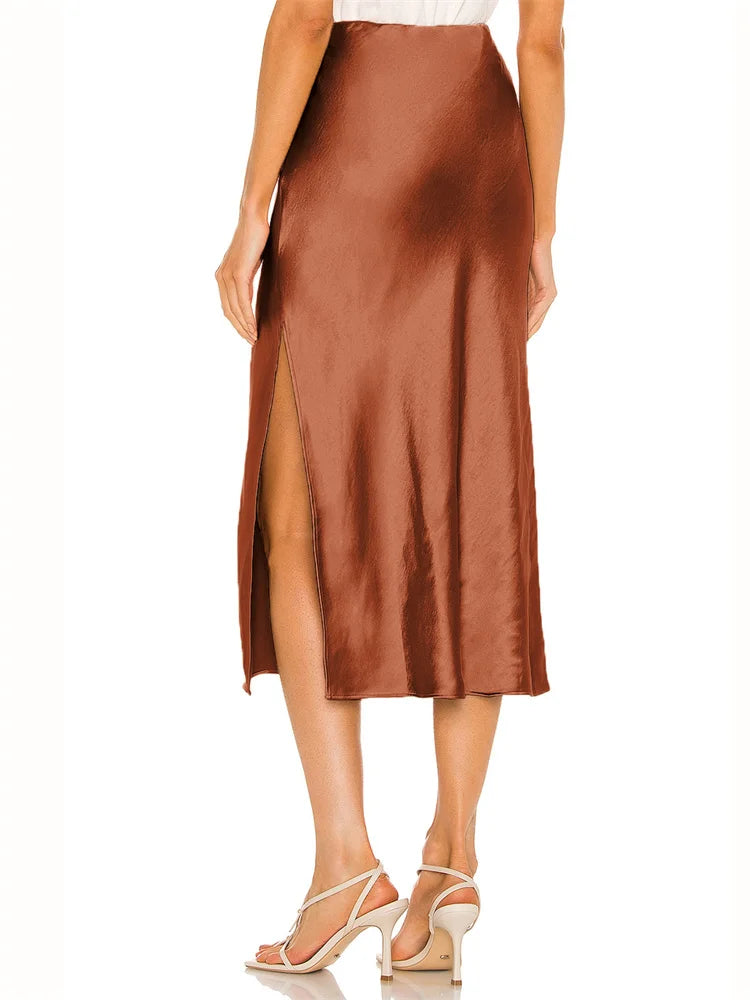 Summer High Waist Satin Midi Skirt with Side Split – Elegant Streetwear Fashion for Women
