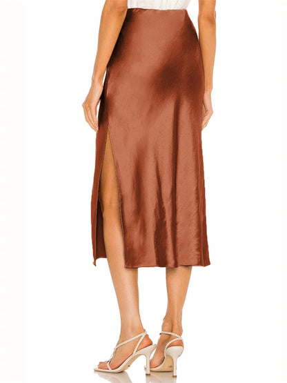 Summer High Waist Satin Midi Skirt with Side Split – Elegant Streetwear Fashion for Women