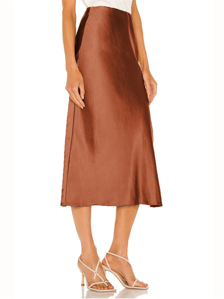 Summer High Waist Satin Midi Skirt with Side Split – Elegant Streetwear Fashion for Women