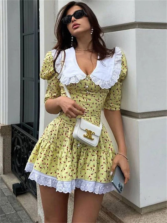 Summer Printed Patchwork Mini Dress Female V-Neck Short Sleeve Slim Fashion Elegant Party Dress Gown For Women Dress 2025
