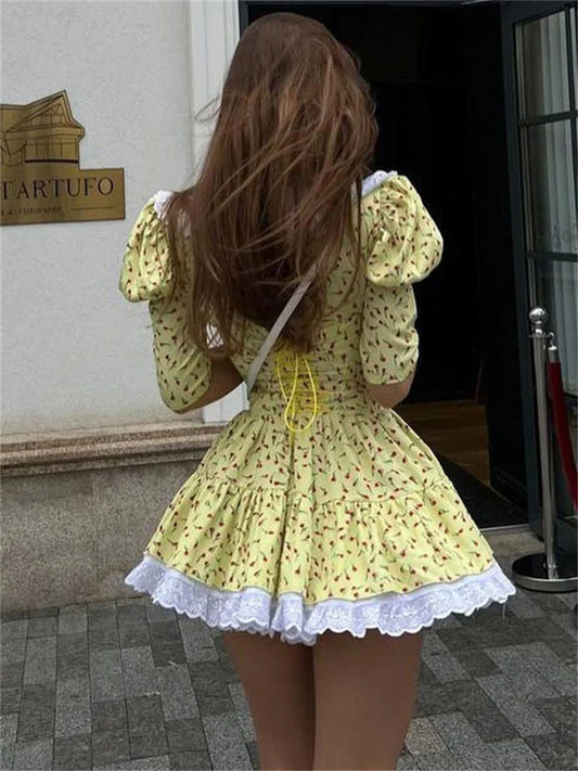 Summer Printed Patchwork Mini Dress Female V-Neck Short Sleeve Slim Fashion Elegant Party Dress Gown For Women Dress 2025