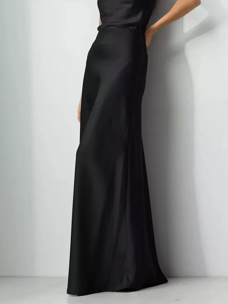 Summer Satin High Waist Long Skirt – Female Slim Patchwork Maxi Skirt