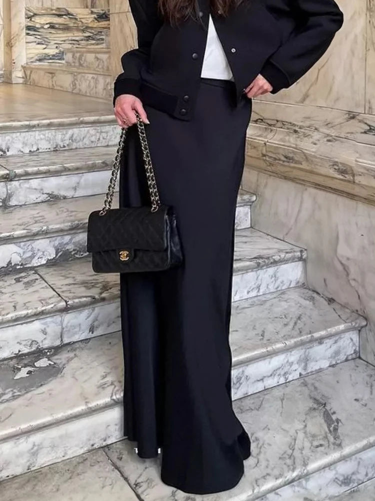 Summer Satin High Waist Long Skirt – Female Slim Patchwork Maxi Skirt