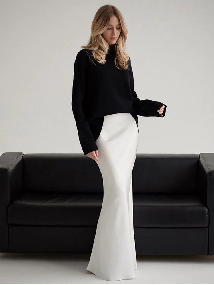 Summer Satin High Waist Long Skirt – Female Slim Patchwork Maxi Skirt