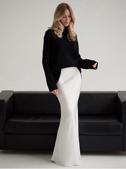 Summer Satin High Waist Long Skirt – Female Slim Patchwork Maxi Skirt