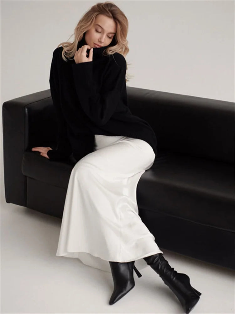 Summer Satin High Waist Long Skirt – Female Slim Patchwork Maxi Skirt