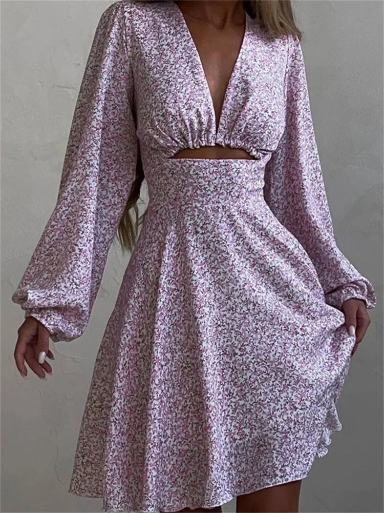V-Neck Printed Mini Dress For Women Summer 2025 Fashion Hollow Out Elegant Long Sleeve Dress Outfits Patchwork Slin Dress
