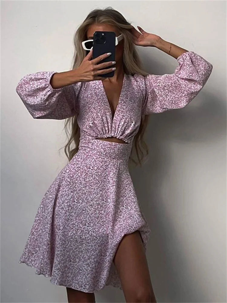 V-Neck Printed Mini Dress For Women Summer 2025 Fashion Hollow Out Elegant Long Sleeve Dress Outfits Patchwork Slin Dress