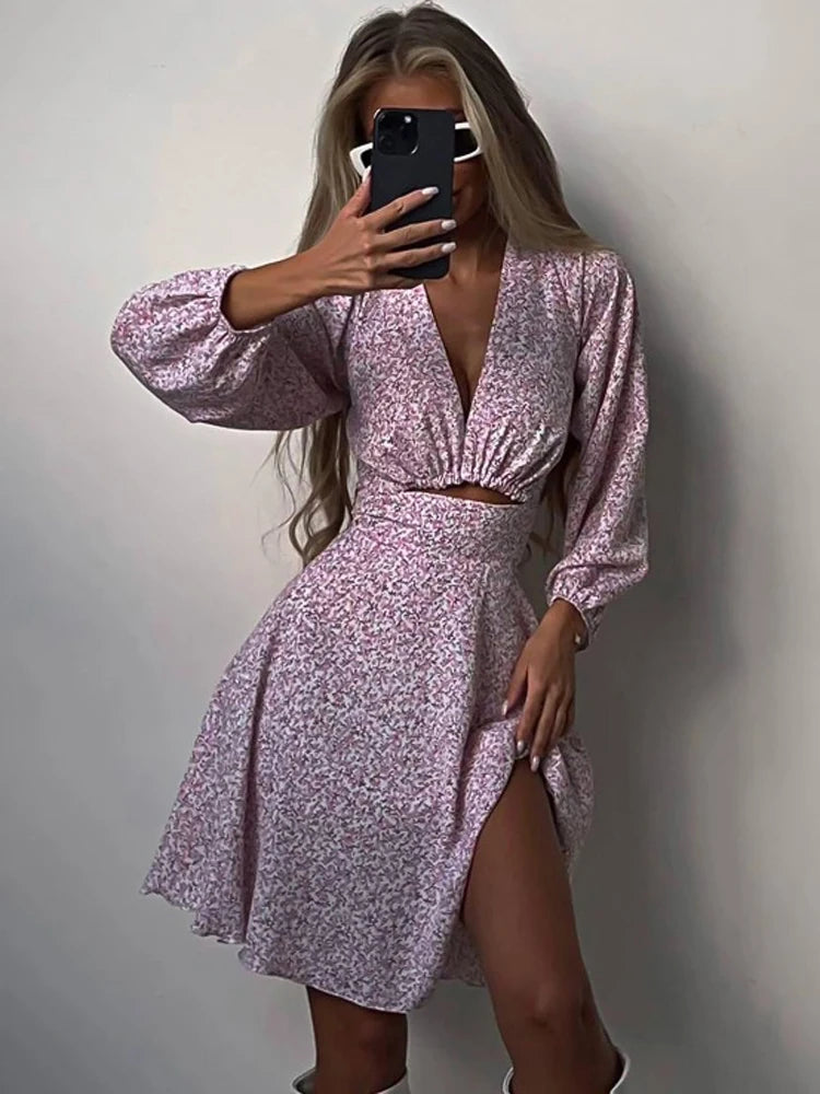 V-Neck Printed Mini Dress For Women Summer 2025 Fashion Hollow Out Elegant Long Sleeve Dress Outfits Patchwork Slin Dress