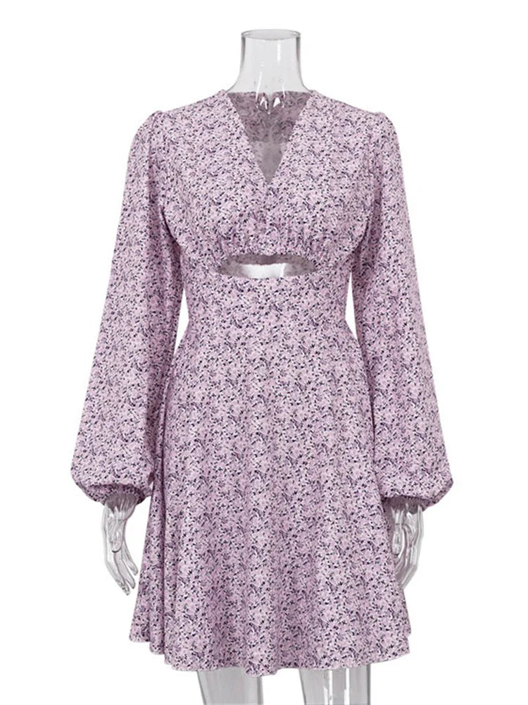 V-Neck Printed Mini Dress For Women Summer 2025 Fashion Hollow Out Elegant Long Sleeve Dress Outfits Patchwork Slin Dress