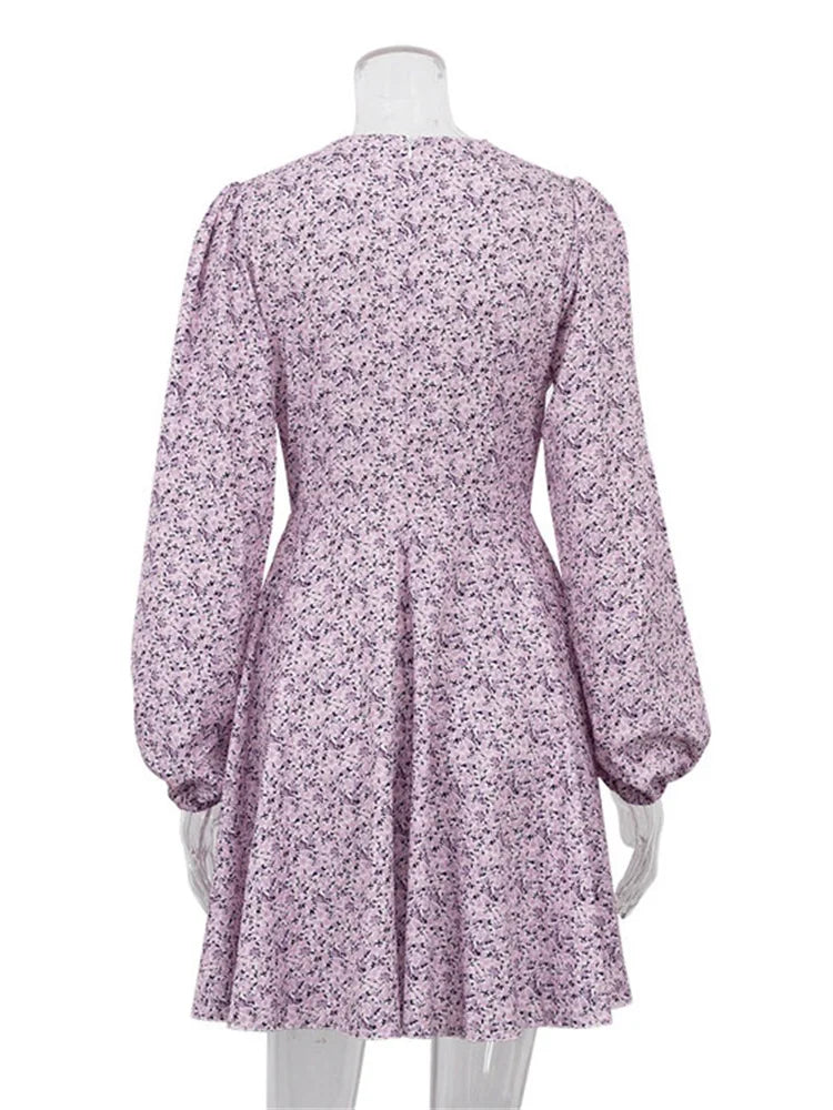 V-Neck Printed Mini Dress For Women Summer 2025 Fashion Hollow Out Elegant Long Sleeve Dress Outfits Patchwork Slin Dress