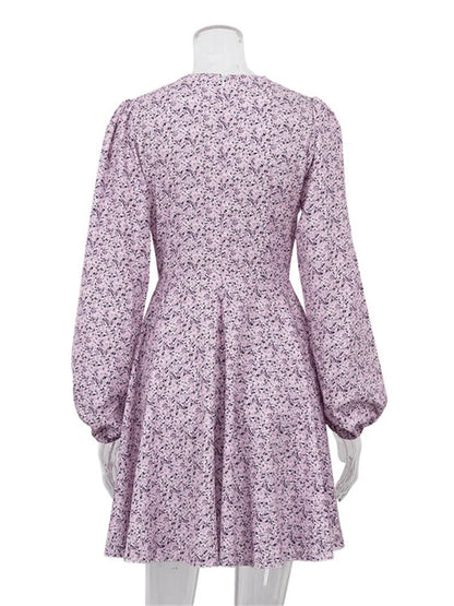 V-Neck Printed Mini Dress For Women Summer 2025 Fashion Hollow Out Elegant Long Sleeve Dress Outfits Patchwork Slin Dress