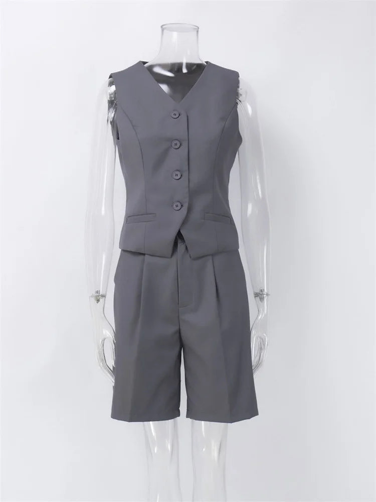 V-Neck Sleeveless Female 2 Piece-Set Casual Slim Straight Trousers Pocket Solid High Street Outfits Fashion Shorts Sets