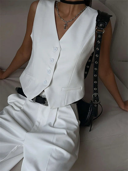 V-Neck Sleeveless Female 2 Piece-Set Casual Slim Straight Trousers Pocket Solid High Street Outfits Fashion Shorts Sets