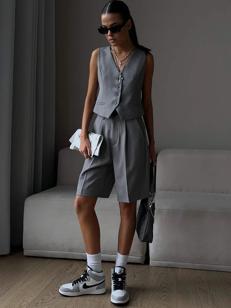 V-Neck Sleeveless Female 2 Piece-Set Casual Slim Straight Trousers Pocket Solid High Street Outfits Fashion Shorts Sets