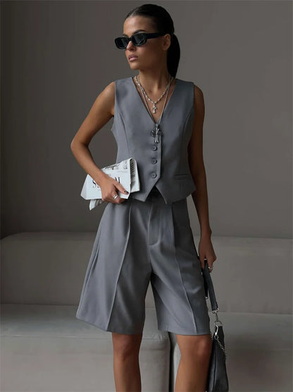 V-Neck Sleeveless Female 2 Piece-Set Casual Slim Straight Trousers Pocket Solid High Street Outfits Fashion Shorts Sets
