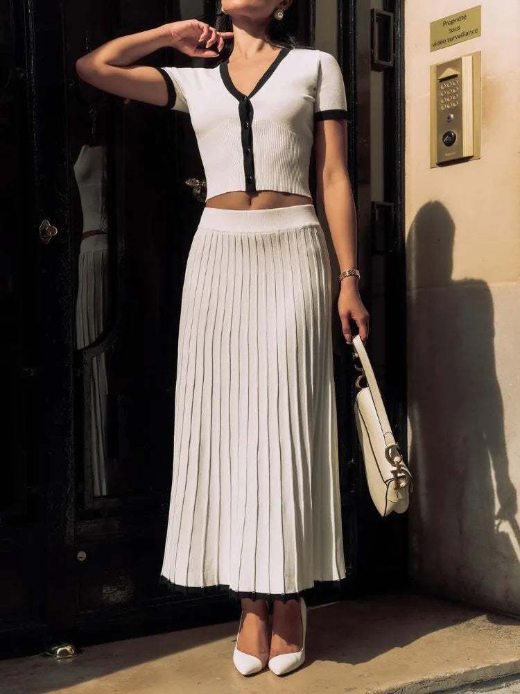 White Knit Sweater 2 Piece-Set Maxi Skirt For Women Ribbed Short Sleeve Cardigan Top And Long Skirt Sets Knitwear Outfits