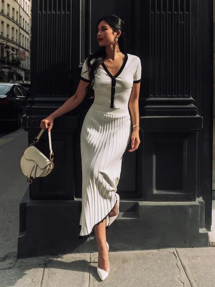 White Knit Sweater 2 Piece-Set Maxi Skirt For Women Ribbed Short Sleeve Cardigan Top And Long Skirt Sets Knitwear Outfits
