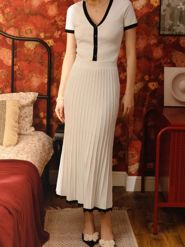 White Knit Sweater 2 Piece-Set Maxi Skirt For Women Ribbed Short Sleeve Cardigan Top And Long Skirt Sets Knitwear Outfits