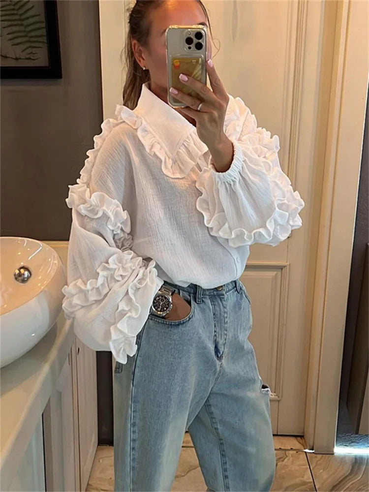 White Ruffled Casual Shirts For Women Fashion Patchwork Cardigan Lapel Long Sleeve Outwear Slim Ladies Shirts 2025 New