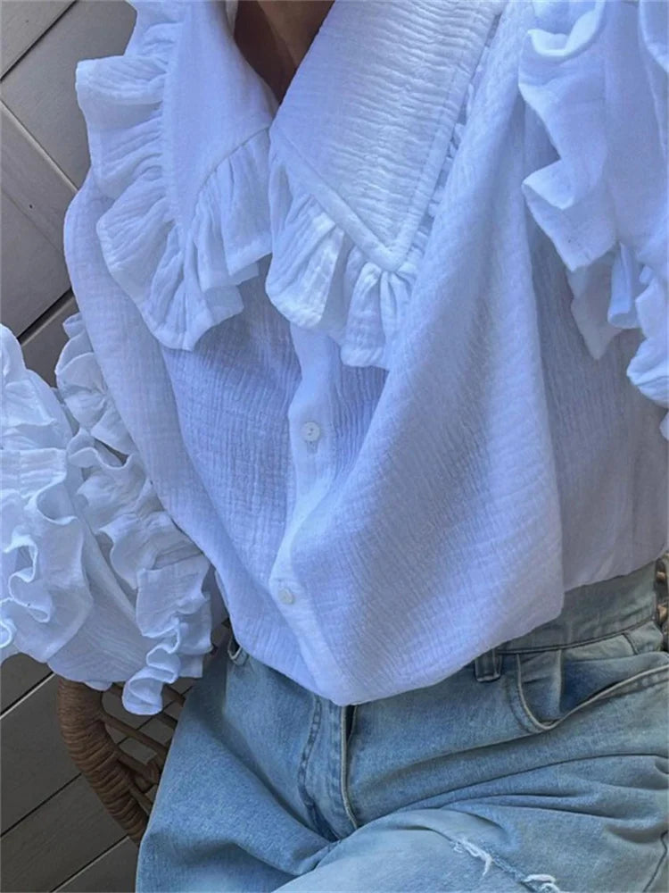 White Ruffled Casual Shirts For Women Fashion Patchwork Cardigan Lapel Long Sleeve Outwear Slim Ladies Shirts 2025 New
