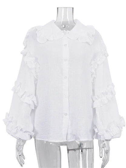 White Ruffled Casual Shirts For Women Fashion Patchwork Cardigan Lapel Long Sleeve Outwear Slim Ladies Shirts 2025 New