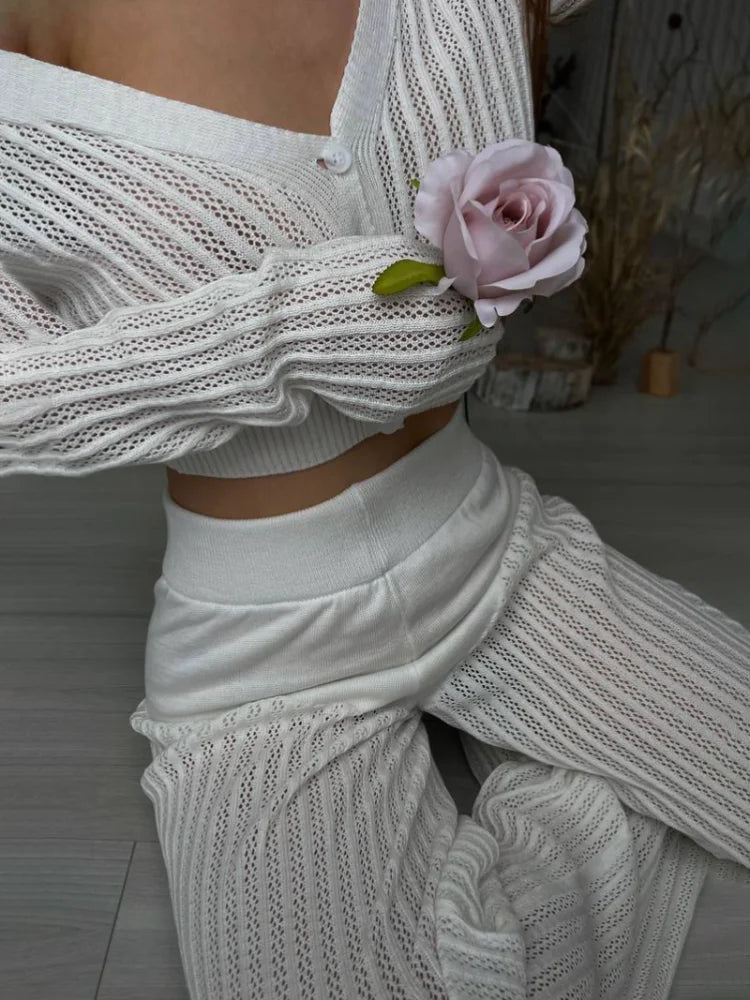 Women Casual Knitted Sweater Outfits Buttons See-Through Long Sleeve High Waist Knit Two Piece Fashion Trousers Outfits