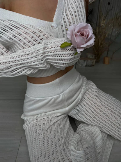 Women Casual Knitted Sweater Outfits Buttons See-Through Long Sleeve High Waist Knit Two Piece Fashion Trousers Outfits