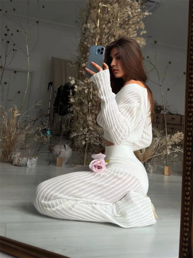 Women Casual Knitted Sweater Outfits Buttons See-Through Long Sleeve High Waist Knit Two Piece Fashion Trousers Outfits