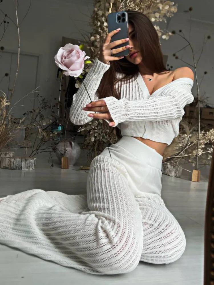 Women Casual Knitted Sweater Outfits Buttons See-Through Long Sleeve High Waist Knit Two Piece Fashion Trousers Outfits