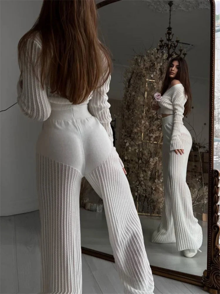 Women Casual Knitted Sweater Outfits Buttons See-Through Long Sleeve High Waist Knit Two Piece Fashion Trousers Outfits