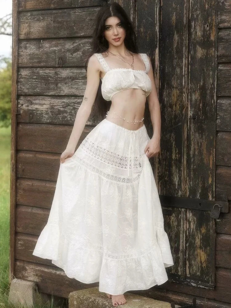 Women‘s Casual 2 Piece Sets Bandage Sleeveless Crop Top See Through Lace Up A Line Maxi Dress Holiday Party Lady Outfits