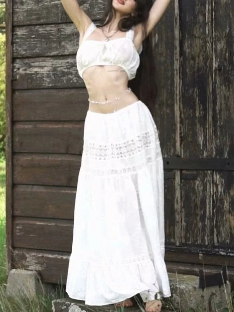 Women‘s Casual 2 Piece Sets Bandage Sleeveless Crop Top See Through Lace Up A Line Maxi Dress Holiday Party Lady Outfits