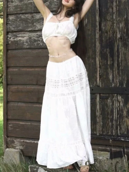 Women‘s Casual 2 Piece Sets Bandage Sleeveless Crop Top See Through Lace Up A Line Maxi Dress Holiday Party Lady Outfits