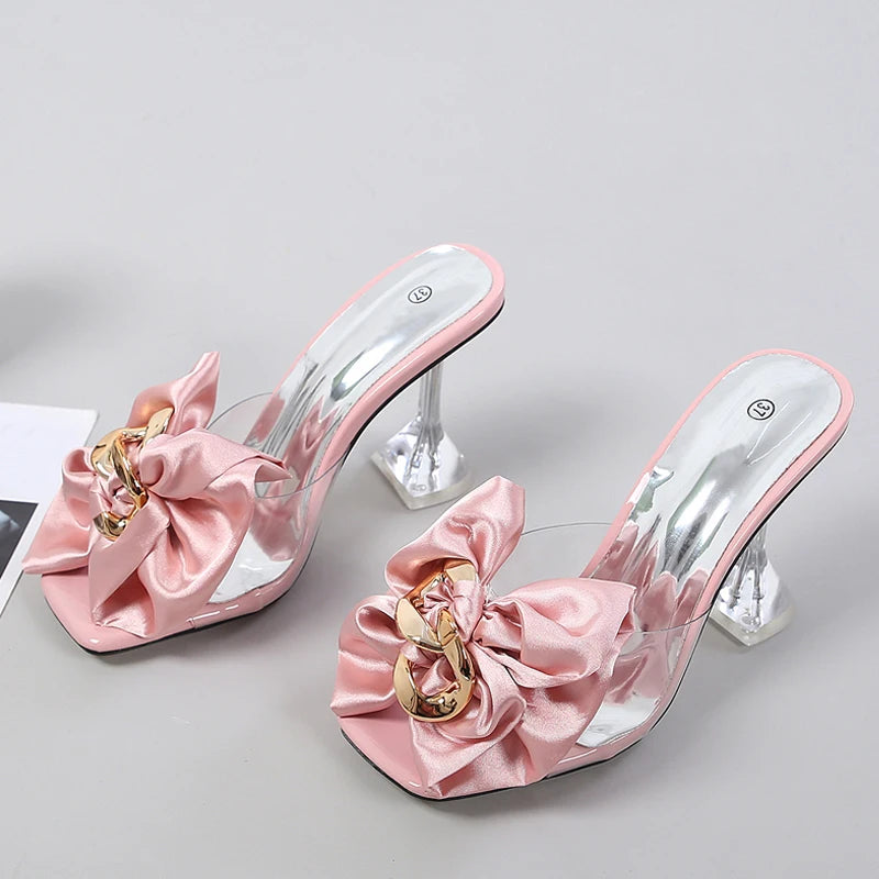 Transparent Pink Butterfly-knot Designer Sandals: Women’s Size 46 Clear Heel Slippers for 2025 Summer Fashion