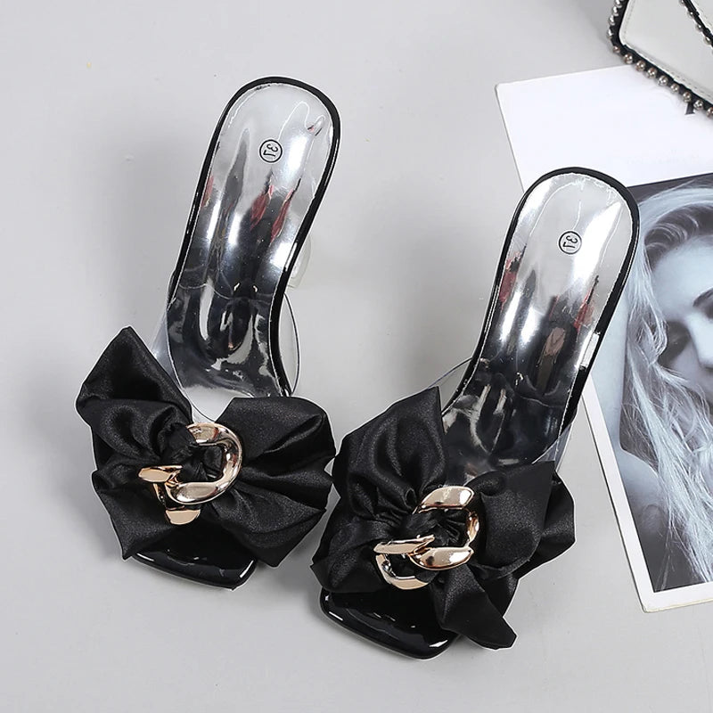 Transparent Pink Butterfly-knot Designer Sandals: Women’s Size 46 Clear Heel Slippers for 2025 Summer Fashion