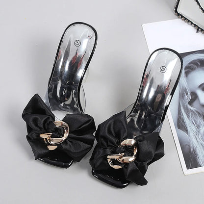 Transparent Pink Butterfly-knot Designer Sandals: Women’s Size 46 Clear Heel Slippers for 2025 Summer Fashion