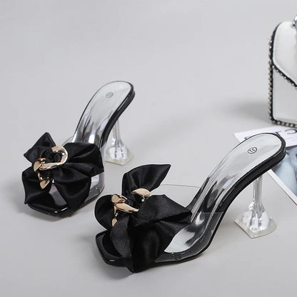 Transparent Pink Butterfly-knot Designer Sandals: Women’s Size 46 Clear Heel Slippers for 2025 Summer Fashion
