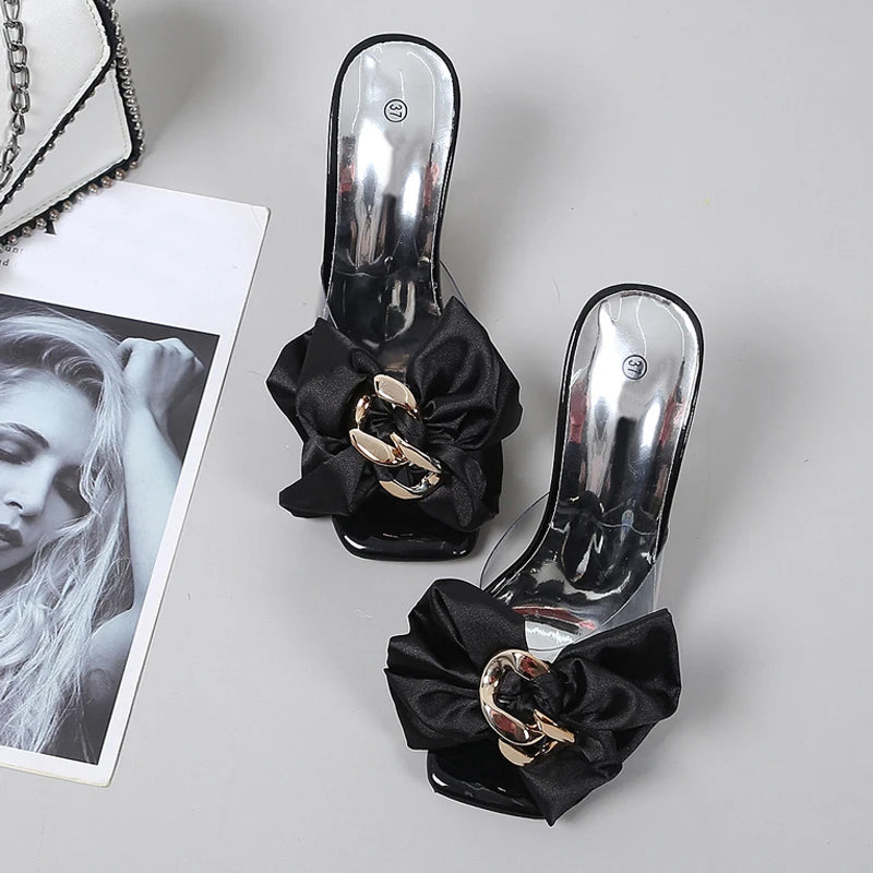 Transparent Pink Butterfly-knot Designer Sandals: Women’s Size 46 Clear Heel Slippers for 2025 Summer Fashion