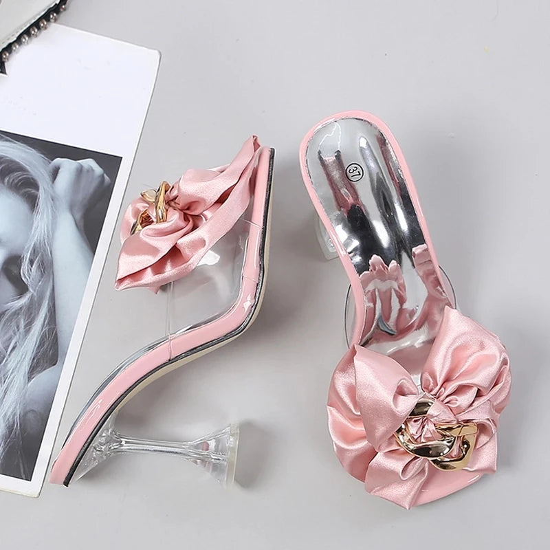 Transparent Pink Butterfly-knot Designer Sandals: Women’s Size 46 Clear Heel Slippers for 2025 Summer Fashion